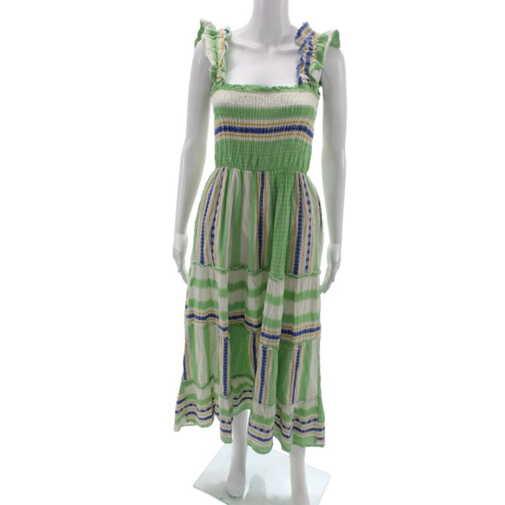 Sofia Womens Maxi Dress Green Striped Square Neck Sleeveless Cotton Boho Size XS